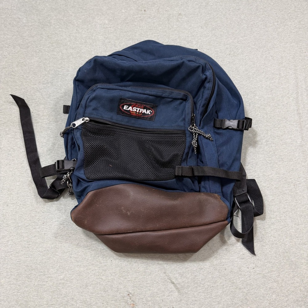 Eastpak Backpack Large Navy Blue Vintage Made in USA Leather Bottom Canvas Bag